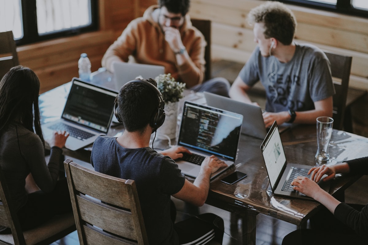Professional software development team collaborating